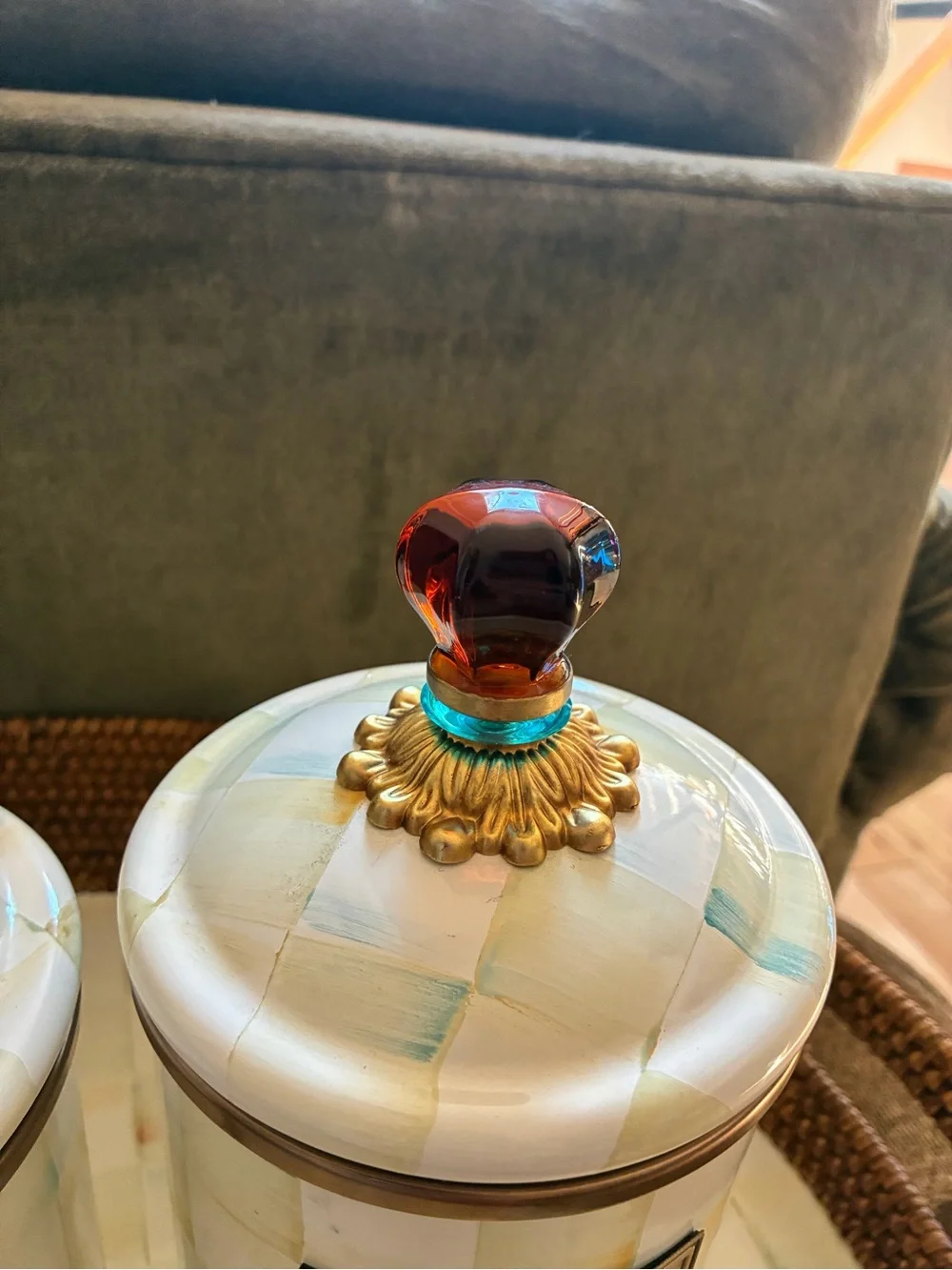 Original Mackenzie-Childs Parchment Check Canister Set with Amber Knobs 3 Piece